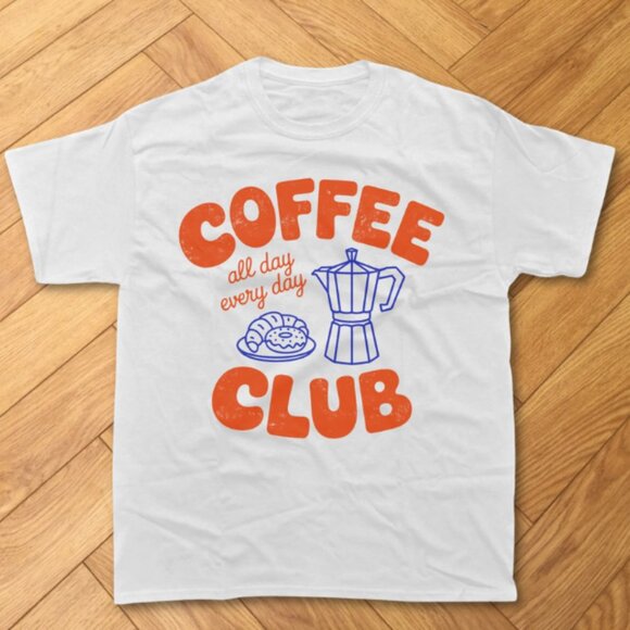 Gildan Other - White - Coffee Club Graphic T-Shirt Retro Coffee Lover Tee Cafe Espresso Graphic